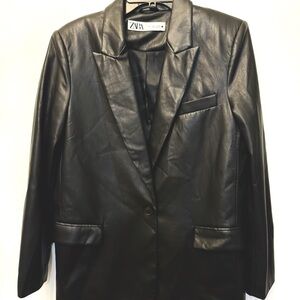 Zara Women’s Black Faux Leather Blazer Suit Jacket Size S